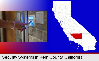 woman pressing a key on a home alarm keypad; Kern County highlighted in red on a map