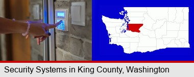 woman pressing a key on a home alarm keypad; King County highlighted in red on a map