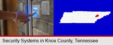 woman pressing a key on a home alarm keypad; Knox County highlighted in red on a map