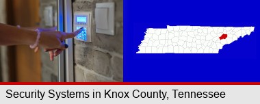 woman pressing a key on a home alarm keypad; Knox County highlighted in red on a map