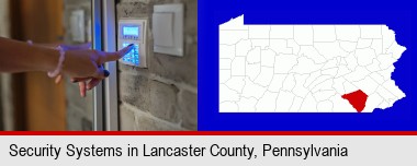woman pressing a key on a home alarm keypad; Lancaster County highlighted in red on a map