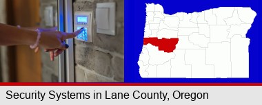 woman pressing a key on a home alarm keypad; Lane County highlighted in red on a map