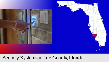 woman pressing a key on a home alarm keypad; Lee County highlighted in red on a map