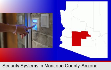 woman pressing a key on a home alarm keypad; Maricopa County highlighted in red on a map