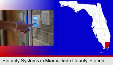 woman pressing a key on a home alarm keypad; Miami-Dade County highlighted in red on a map