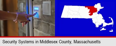 woman pressing a key on a home alarm keypad; Middlesex County highlighted in red on a map