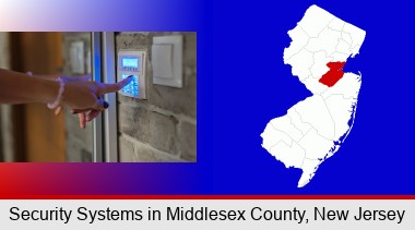 woman pressing a key on a home alarm keypad; Middlesex County highlighted in red on a map