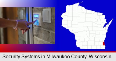 woman pressing a key on a home alarm keypad; Milwaukee County highlighted in red on a map