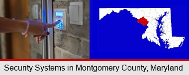 woman pressing a key on a home alarm keypad; Montgomery County highlighted in red on a map