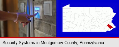 woman pressing a key on a home alarm keypad; Montgomery County highlighted in red on a map