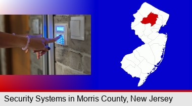 woman pressing a key on a home alarm keypad; Morris County highlighted in red on a map