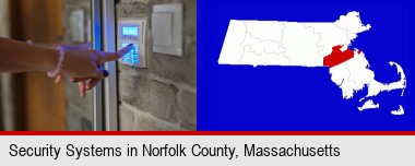 woman pressing a key on a home alarm keypad; Norfolk County highlighted in red on a map