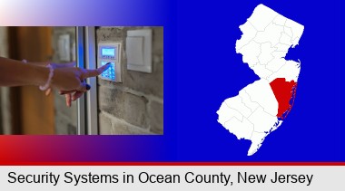 woman pressing a key on a home alarm keypad; Ocean County highlighted in red on a map