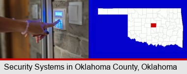woman pressing a key on a home alarm keypad; Oklahoma County highlighted in red on a map
