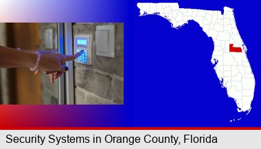 woman pressing a key on a home alarm keypad; Orange County highlighted in red on a map