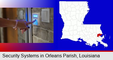 woman pressing a key on a home alarm keypad; Orleans Parish highlighted in red on a map