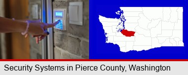 woman pressing a key on a home alarm keypad; Pierce County highlighted in red on a map