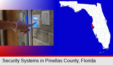 woman pressing a key on a home alarm keypad; Pinellas County highlighted in red on a map