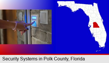 woman pressing a key on a home alarm keypad; Polk County highlighted in red on a map