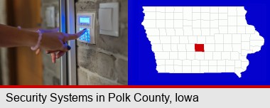 woman pressing a key on a home alarm keypad; Polk County highlighted in red on a map