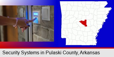woman pressing a key on a home alarm keypad; Pulaski County highlighted in red on a map
