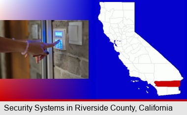 woman pressing a key on a home alarm keypad; Riverside County highlighted in red on a map