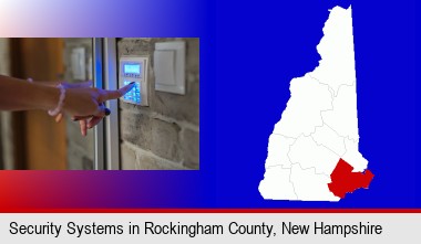 woman pressing a key on a home alarm keypad; Rockingham County highlighted in red on a map