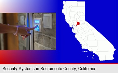 woman pressing a key on a home alarm keypad; Sacramento County highlighted in red on a map