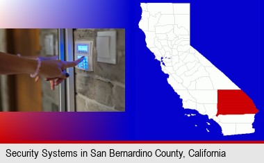 woman pressing a key on a home alarm keypad; San Bernardino County highlighted in red on a map