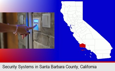 woman pressing a key on a home alarm keypad; Santa Barbara County highlighted in red on a map
