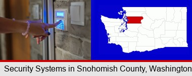 woman pressing a key on a home alarm keypad; Snohomish County highlighted in red on a map