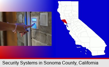 woman pressing a key on a home alarm keypad; Sonoma County highlighted in red on a map