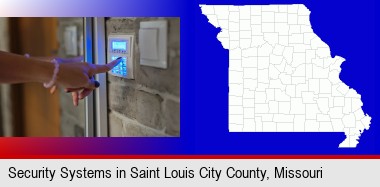 woman pressing a key on a home alarm keypad; St Louis City highlighted in red on a map