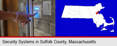 woman pressing a key on a home alarm keypad; Suffolk County highlighted in red on a map