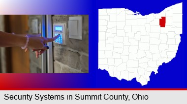 woman pressing a key on a home alarm keypad; Summit County highlighted in red on a map