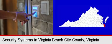 woman pressing a key on a home alarm keypad; Virginia Beach City County highlighted in red on a map