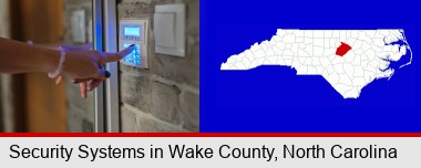 woman pressing a key on a home alarm keypad; Wake County highlighted in red on a map