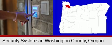 woman pressing a key on a home alarm keypad; Washington County highlighted in red on a map