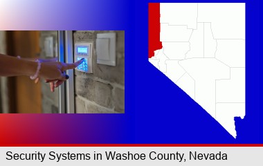 woman pressing a key on a home alarm keypad; Washoe County highlighted in red on a map