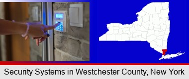 woman pressing a key on a home alarm keypad; Westchester County highlighted in red on a map