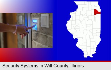 woman pressing a key on a home alarm keypad; Will County highlighted in red on a map