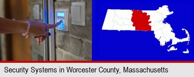 woman pressing a key on a home alarm keypad; Worcester County highlighted in red on a map